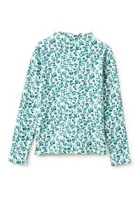 Langärmliges Oberteil in Weiß mit einem türkisen Leopardenmuster. Verfügt über einen hohen Kragen und einen strukturierten Stoff. Legerer Stil.