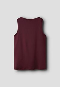 Burgundy sleeveless top made of smooth fabric with a rounded neck, featuring a simple design and no distinct patterns or hardware.