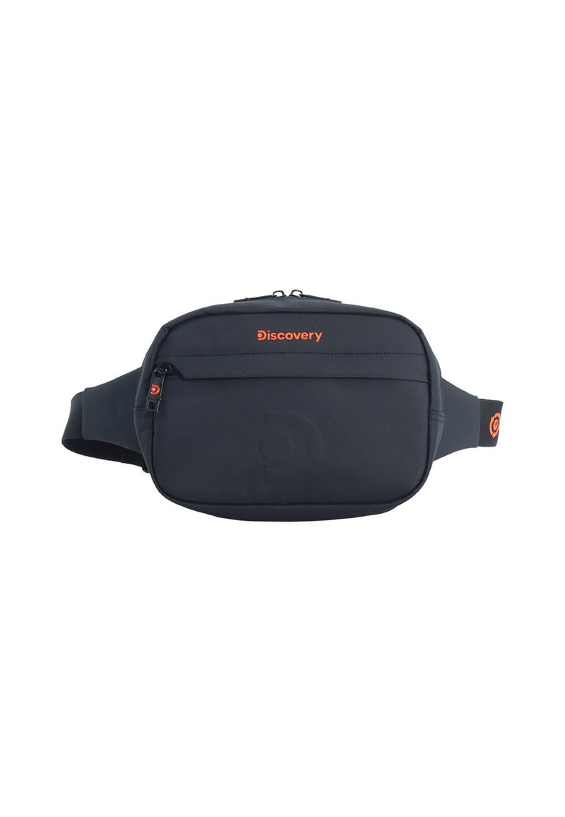Borsa in tessuto nera con una tasca principale con cerniera, caratterizzata da un logo arancione "Discovery" e una superficie texturizzata per una migliore presa.