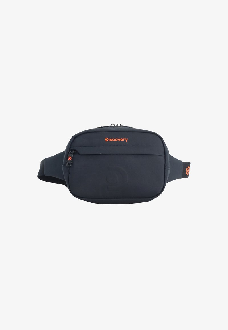 Bolsa de cintura de tela negra con un compartimento principal con cremallera, que presenta un logo naranja de "Discovery" y una superficie texturizada para un mejor agarre.