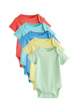 Five ribbed short-sleeve baby bodysuits in coral, mint, blue, yellow, and light green stacked in a fan arrangement.