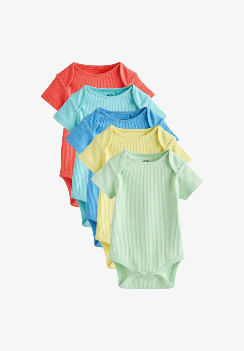 Pet krate rebrasta bodija za bebe s kratkim rukavima u koraljnoj, mint, plavoj, žutoj i svijetlozelenoj boji, složeni u obliku lepeze.