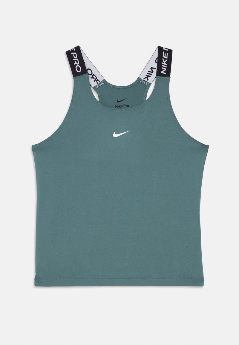 Πράσινο αθλητικό tank top Nike Pro με μαύρες και λευκές λωρίδες με την επωνυμία Nike Pro στους ώμους και το λευκό λογότυπο swoosh της Nike στο στήθος.