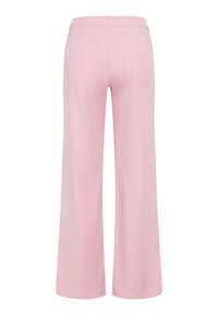 Pantalons à jambes larges en rose clair, en tissu doux. Avec deux poches arrière et une taille élastique lisse pour le confort.