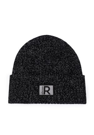Black and gray knitted beanie with folded edge and rectangular patch showing letter R and word Munchen.