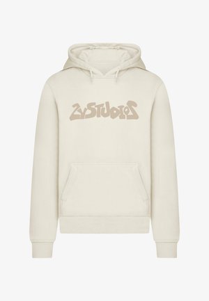 Kremo spalvos džemperis su priekiniu kišeniu, kuriame yra stilizuotas logotipas tamsesne spalva per krūtinę. Minkšta medžiaga ir raštuoti rankogaliai.