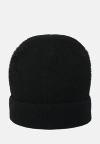 Cappello beanie in lana nera con parte superiore arrotondata, finitura testurizzata e orlo risvoltato. Design semplice, senza hardware visibili o motivi.