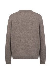 Brown knitted sweater with a round neckline and long sleeves. Soft texture, ribbed cuffs, and hemline. Simple, seamless back design.