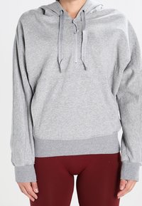 Gray pullover hoodie with a front zipper, drawstrings, and ribbed cuffs and hem. Made from soft sweatshirt material.