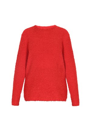 Rdeča puhasta jopica z okroglo izrezom, dolgimi rokavi, ohlapnim krojem in teksturirano tkanino. Brez dodatnih vzorcev ali grafike.
