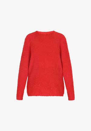 Red fuzzy sweater with a round neckline, long sleeves, loose fit, and textured fabric. No additional patterns or graphics present.
