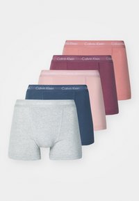 Set of five pairs of stretch cotton boxer briefs. Colors include gray, navy, pink, burgundy, and light pink. Features elastic Calvin Klein waistband.