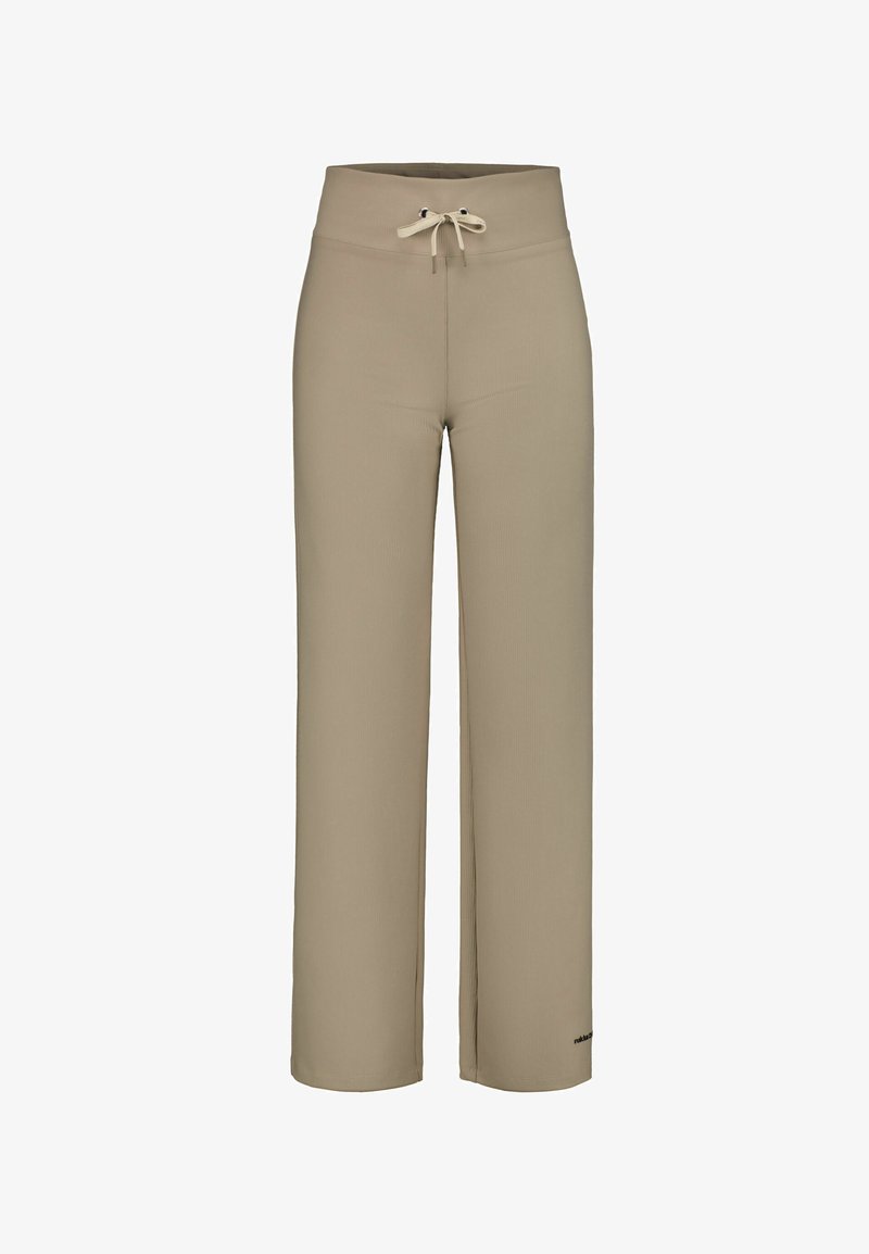 Pantalon large beige avec taille haute, fermeture à cordon, texture lisse et logo discret de la marque en bas à gauche.