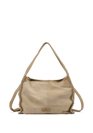 Borsa a tracolla in camoscio beige con un manico singolo, tracolla laterale regolabile e dettagli cuciti lungo i bordi.
