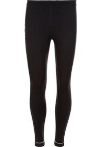 Schwarze Leggings aus dehnbarem Stoff, mit einer glatten Textur und einer figurschmeichelnden Passform. Minimale weiße Nähte am Saum.