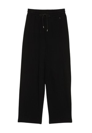 Pantaloni della tuta neri a taglio ampio con vita elastica e coulisse, dotati di tasche laterali e un piccolo logo ricamato vicino alla vita.