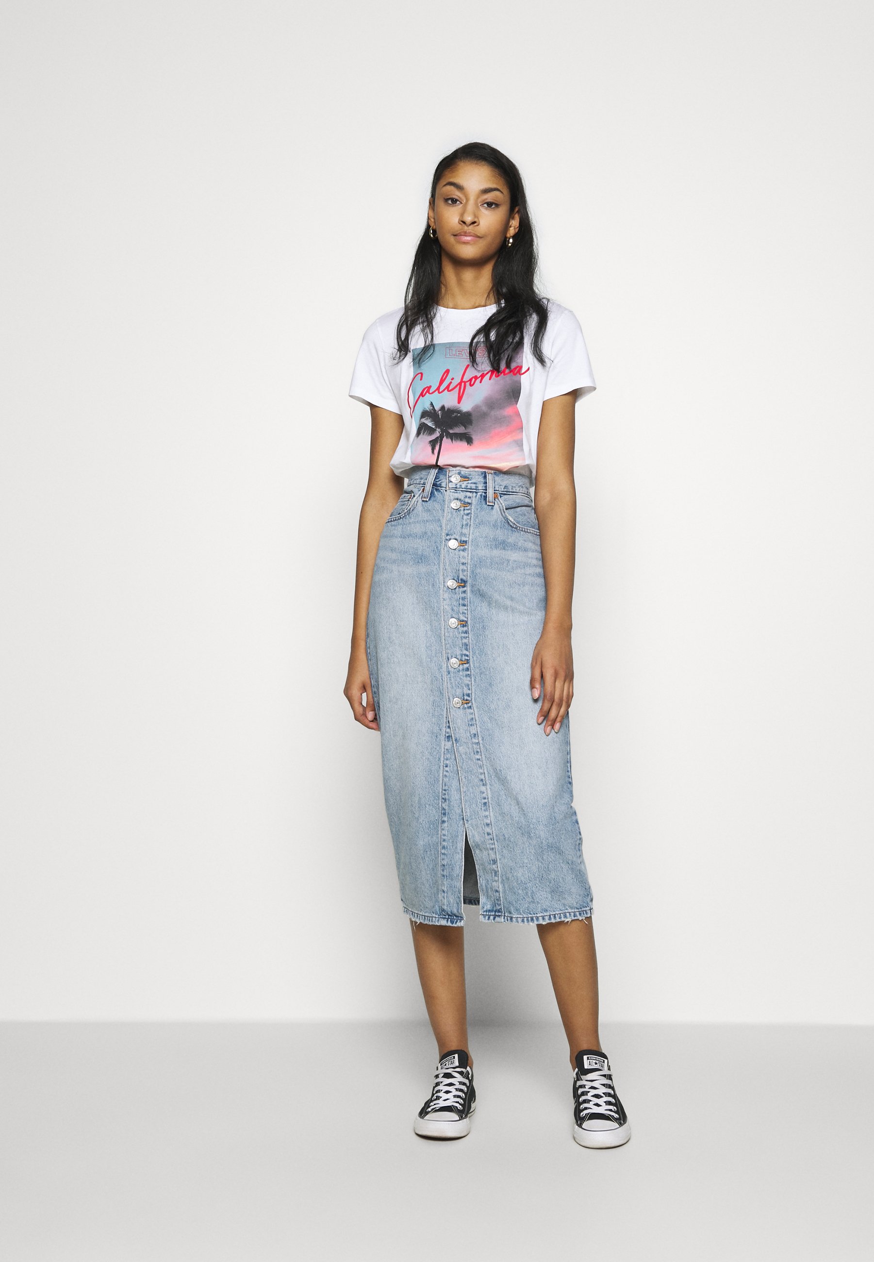 denim button front midi skirt