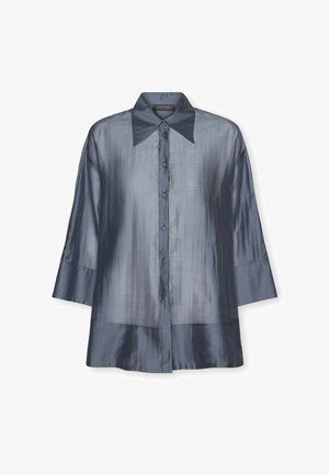 Glänzendes, dunkelgraues Hemd zum Knöpfen mit breitem Kragen und 3/4-langen Ärmeln, lockerem Sitz und glatt strukturiertem Stoff.