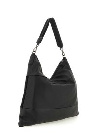 Borsa a tracolla nera realizzata in pelle liscia con pannello inferiore testurizzato, dotata di chiusura con zip e di una sola tracolla regolabile.