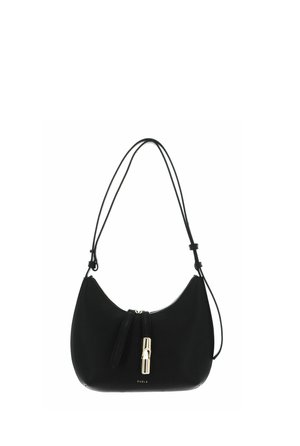 Sac à bandoulière en cuir noir avec des sangles réglables, une fermeture éclair à tirette dorée et un petit logo Furla au centre avant.