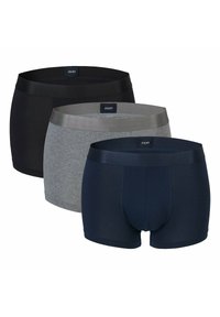 Tre paia di boxer da uomo in nero, grigio e blu navy. Realizzati in tessuto elasticizzato, con cinture elastiche con etichette con logo.