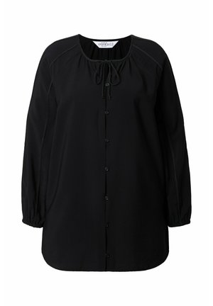 Zwarte blouse met lange mouwen, ronde halslijn, voorknoopsluiting, strikdetail en geplooide manchetten. Gemaakt van een soepele stof met subtiele stiksels.