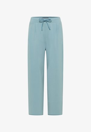 Helles Blau, leichte, weit geschnittene Hose mit Kordelzugbund, vorderen Falten und seitlichen Taschen, aus einem weichen, glatten Stoff gefertigt.