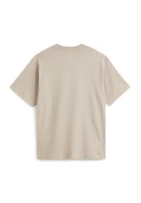 Camiseta de manga corta beige hecha de algodón suave, con un clásico cuello redondo y un diseño trasero simple y sin adornos.