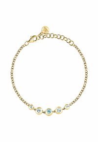 Bracciale in oro con elementi circolari, che presenta cinque pietre di un azzurro chiaro. Anelli testurizzati e una chiusura a granchio completano il design.
