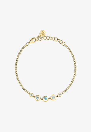 Bracciale in oro con elementi circolari, che presenta cinque pietre di un azzurro chiaro. Anelli testurizzati e una chiusura a granchio completano il design.