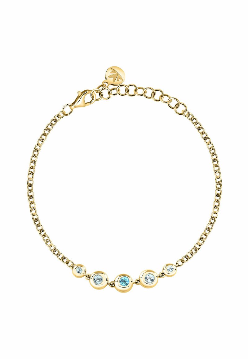 Bracciale in oro con elementi circolari, che presenta cinque pietre di un azzurro chiaro. Anelli testurizzati e una chiusura a granchio completano il design.