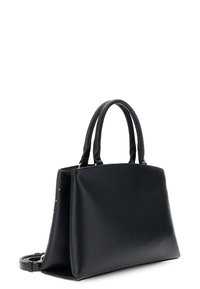 Borsa a mano in pelle nera con due manici superiori, forma strutturata, superficie liscia e tracolla removibile. Presenta sottili dettagli in hardware dorato.