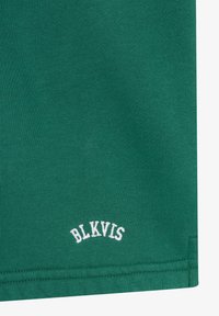 Tissu vert avec texte brodé blanc "BLKVIS" près de l'ourlet cousu sur un vêtement.