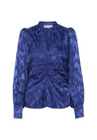 Midnight blue blouse in shiny fabric featuring a deep v-neck, gathered front, and voluminous puff sleeves with fitted cuffs.