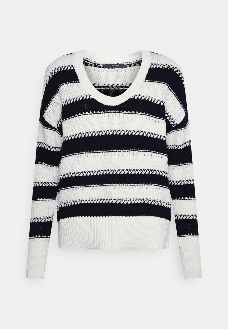 Sweter dziergany z dekoltem w kształcie litery U, w paski w kolorach granatowym i białym, wykonany z teksturowanej przędzy, z ściągaczami na mankietach i u dołu.