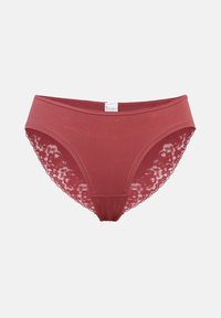 Βουργουνδί εσώρουχα με λεία μπροστινή όψη και δαντελένιες λεπτομέρειες στο πίσω μέρος, με μαλακή ελαστική μέση και χωρίς ορατές ραφές.