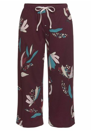 Floral printed pajama pants in dark burgundy, featuring a drawstring waist, wide legs, and a mix of cream, teal, and maroon accents.