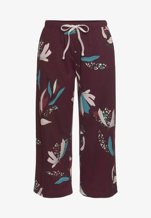 Floral printed pajama pants in dark burgundy, featuring a drawstring waist, wide legs, and a mix of cream, teal, and maroon accents.