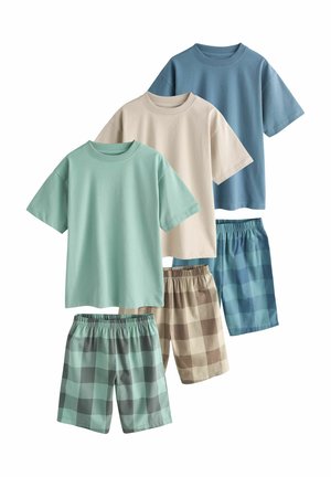 Drei Sets bestehend aus kurzärmligen T-Shirts und karierter Shorts in den Farben Blau, Beige und Minzgrün mit elastischem Bund.