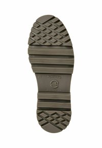 Semelle de chaussure en caoutchouc couleur olive, présentant un profil texturé avec des lignes diagonales et des motifs en diamant, marquée du logo de la marque et de la taille.