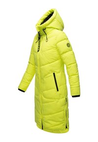 Yellow puffer coat with a long silhouette, high neck hood, black zippers, and side pockets. Features quilting pattern and black accents.