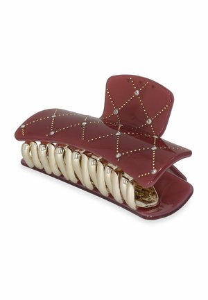 Bordeauxfarbener Haarklammer mit glänzender Oberfläche, verziert mit goldfarbenen Akzenten, diamantähnlicher Detailarbeit und einem geschwungenen Design mit ineinandergreifenden Zähnen.