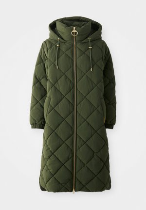 Long, olive green quilted coat with a hood, front zipper, gold hardware accents, drawstrings, and elastic cuffs. Diamond pattern texture.