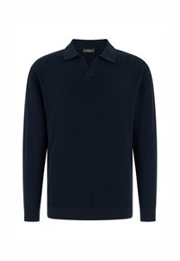 Pull en maille côtelée bleu marine foncé à manches longues avec un col doux et une ouverture en V, conçu pour les hommes.