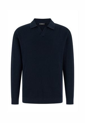 Maglione a maniche lunghe in maglia costa di un blu navy scuro, con colletto morbido e apertura a V, progettato per uomo.