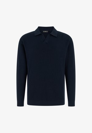 Maglione a maniche lunghe in maglia costa di un blu navy scuro, con colletto morbido e apertura a V, progettato per uomo.