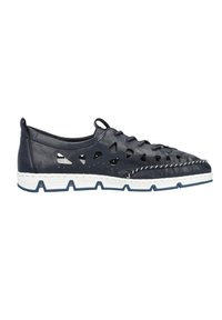 Marineblaue Lederschuhe mit ausgeschnittenem Design, hellen Stichakzenten und weißer Gummisohle. Sie verfügen über eine flexible, sportliche Form für zusätzlichen Komfort.