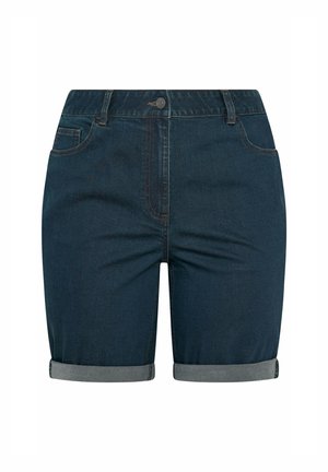 Dark blue denim shorts with rolled cuffs, front button and zip closure, and front and back pockets.