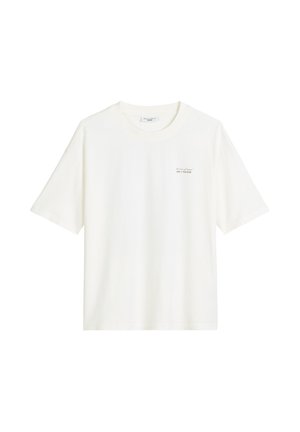 Weißes Baumwoll-T-Shirt mit kurzen Ärmeln. Verfügt über einen runden Halsausschnitt und ein kleines Textlogo auf der vorderen linken Seite. Glatte Textur, lässiges Design.