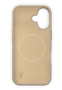 Guld telefonetui med en glat, mat tekstur og et cirkulært mønster på bagsiden, udskæringer til kameraet og adgang til knapper.